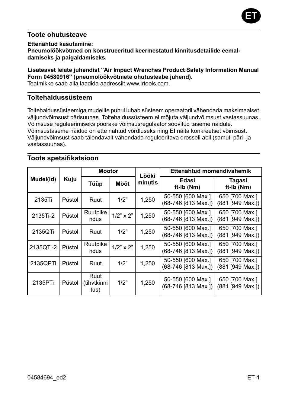 Toote ohutusteave, Toitehaldussüsteem, Toote spetsifikatsioon | Ingersoll-Rand 2135TI User Manual | Page 33 / 52