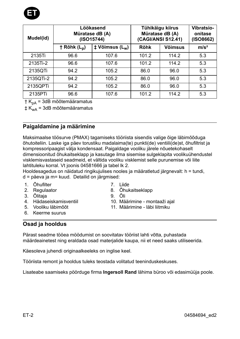 Paigaldamine ja määrimine, Osad ja hooldus | Ingersoll-Rand 2135TI User Manual | Page 34 / 52