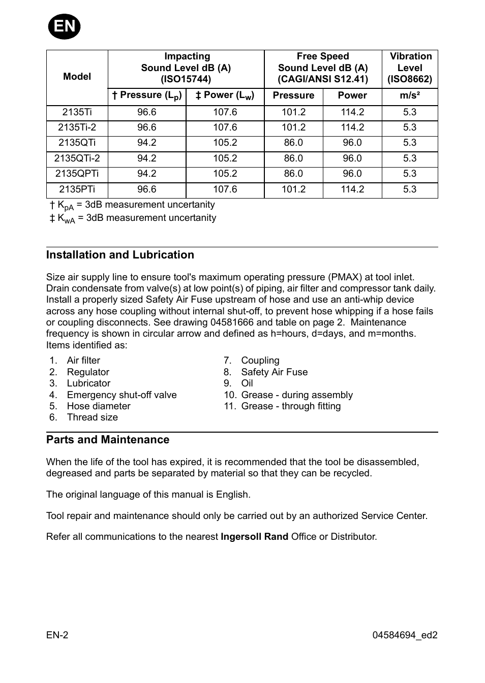 Installation and lubrication, Parts and maintenance | Ingersoll-Rand 2135TI User Manual | Page 4 / 52