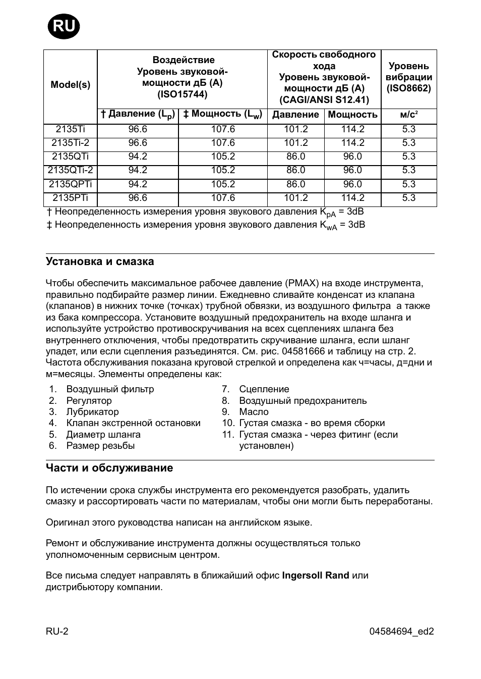 Установка и смазка, Асти и обслуживание | Ingersoll-Rand 2135TI User Manual | Page 44 / 52