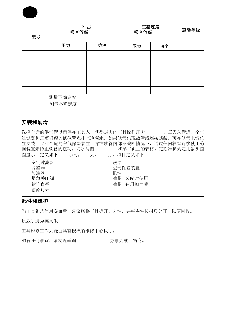 安装和润滑, 部件和维护 | Ingersoll-Rand 2135TI User Manual | Page 46 / 52