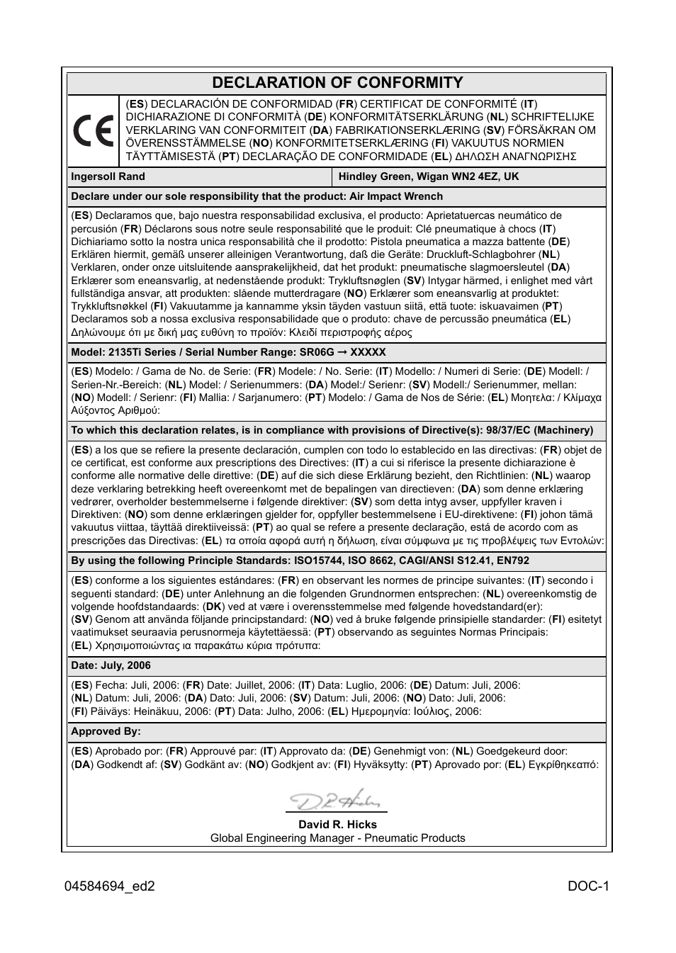 Declaration of conformity | Ingersoll-Rand 2135TI User Manual | Page 47 / 52