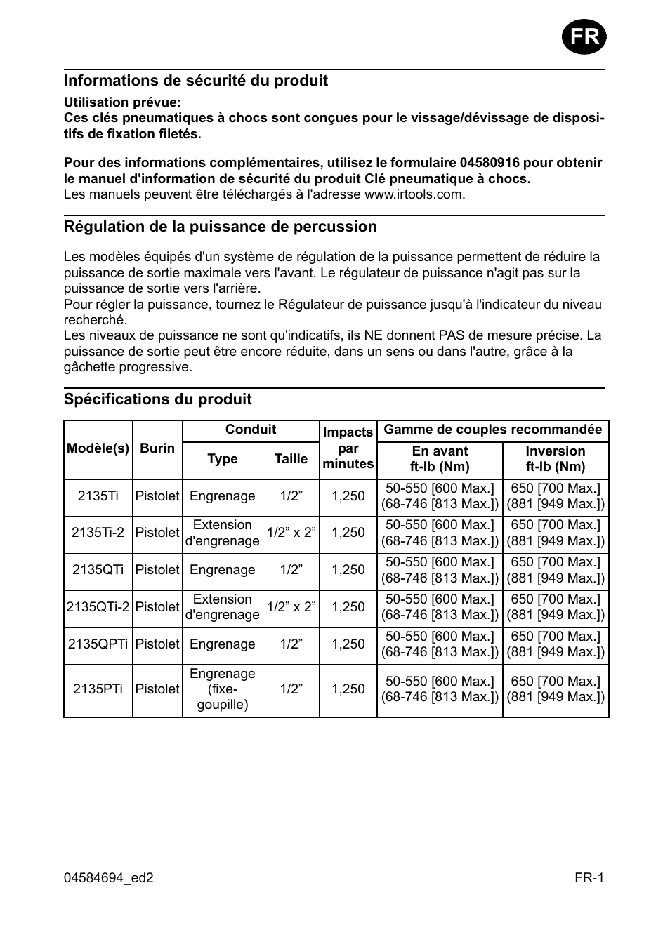 Informations de sécurité du produit, Régulation de la puissance de percussion, Spécifications du produit | Ingersoll-Rand 2135TI User Manual | Page 7 / 52