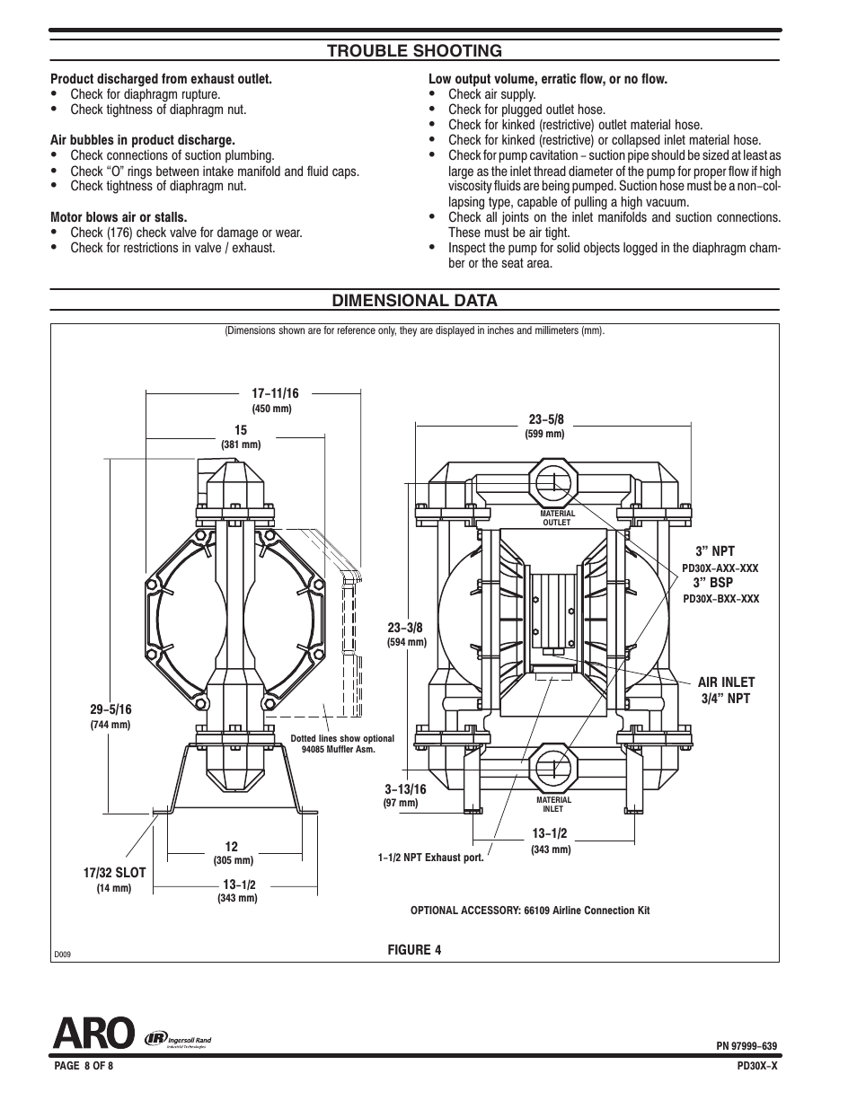 Dimensional data, Trouble shooting | Ingersoll-Rand PD30X-X User Manual | Page 8 / 8