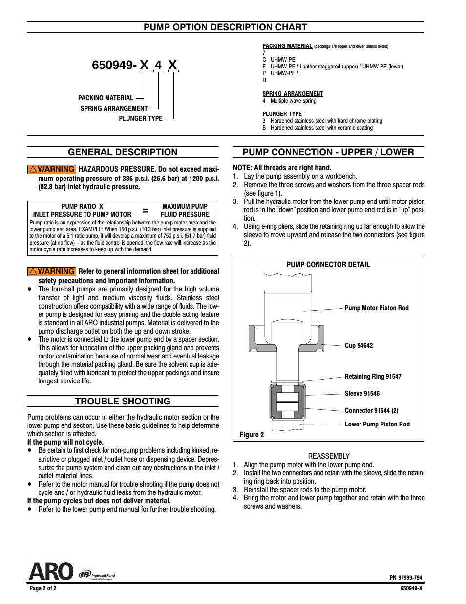 Pump option description chart, General description, Trouble shooting | Pump connection - upper / lower | Ingersoll-Rand 650949-X User Manual | Page 2 / 2