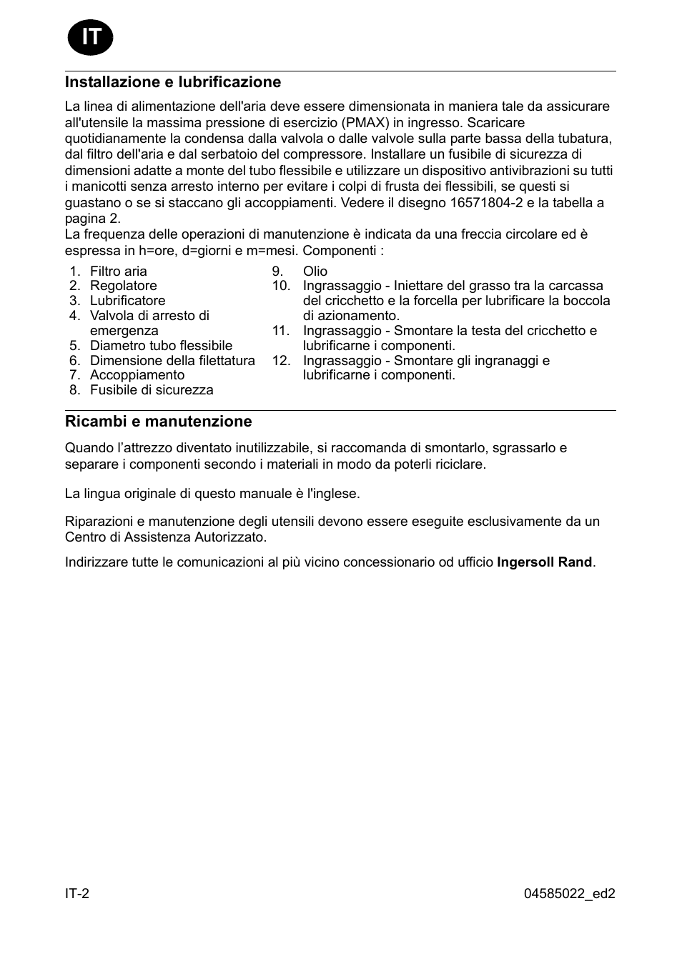 Installazione e lubrificazione, Ricambi e manutenzione | Ingersoll-Rand 1103 User Manual | Page 10 / 52