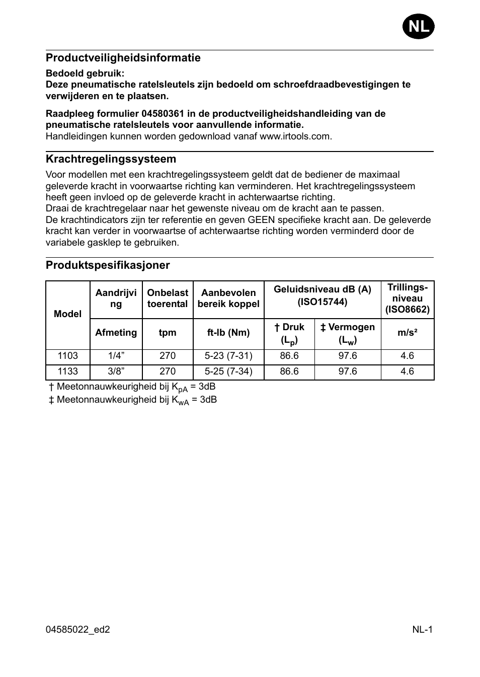 Productveiligheidsinformatie, Krachtregelingssysteem, Produktspesifikasjoner | Ingersoll-Rand 1103 User Manual | Page 13 / 52