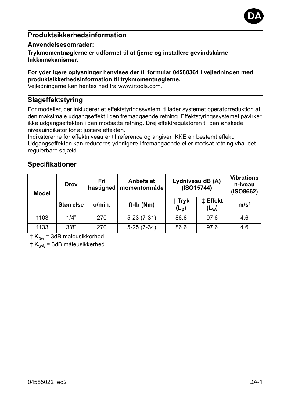 Produktsikkerhedsinformation, Anvendelsesområder, Slageffektstyring | Specifikationer | Ingersoll-Rand 1103 User Manual | Page 15 / 52