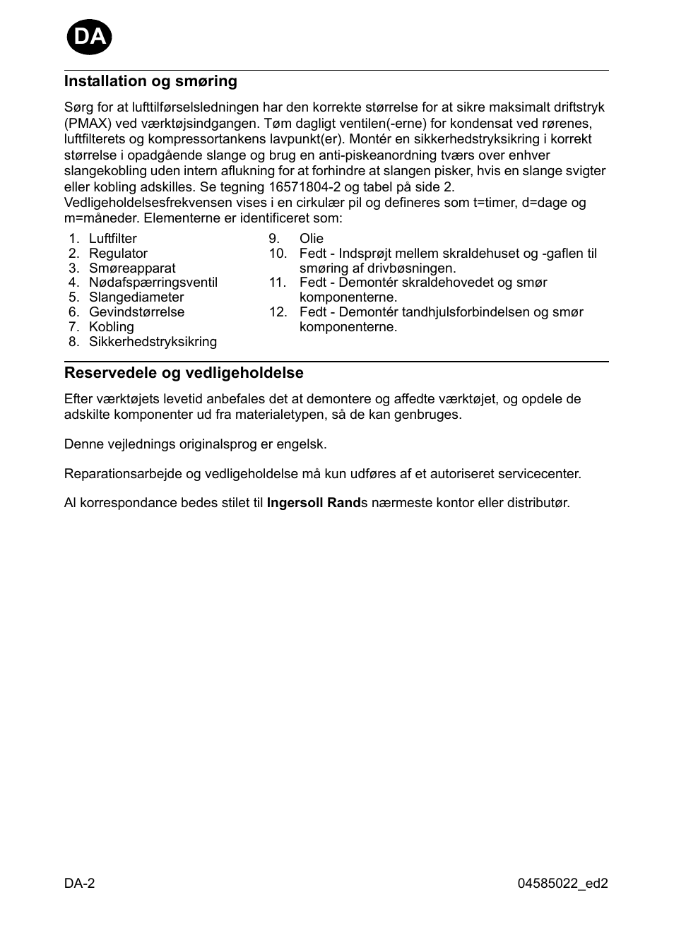 Installation og smøring, Reservedele og vedligeholdelse | Ingersoll-Rand 1103 User Manual | Page 16 / 52