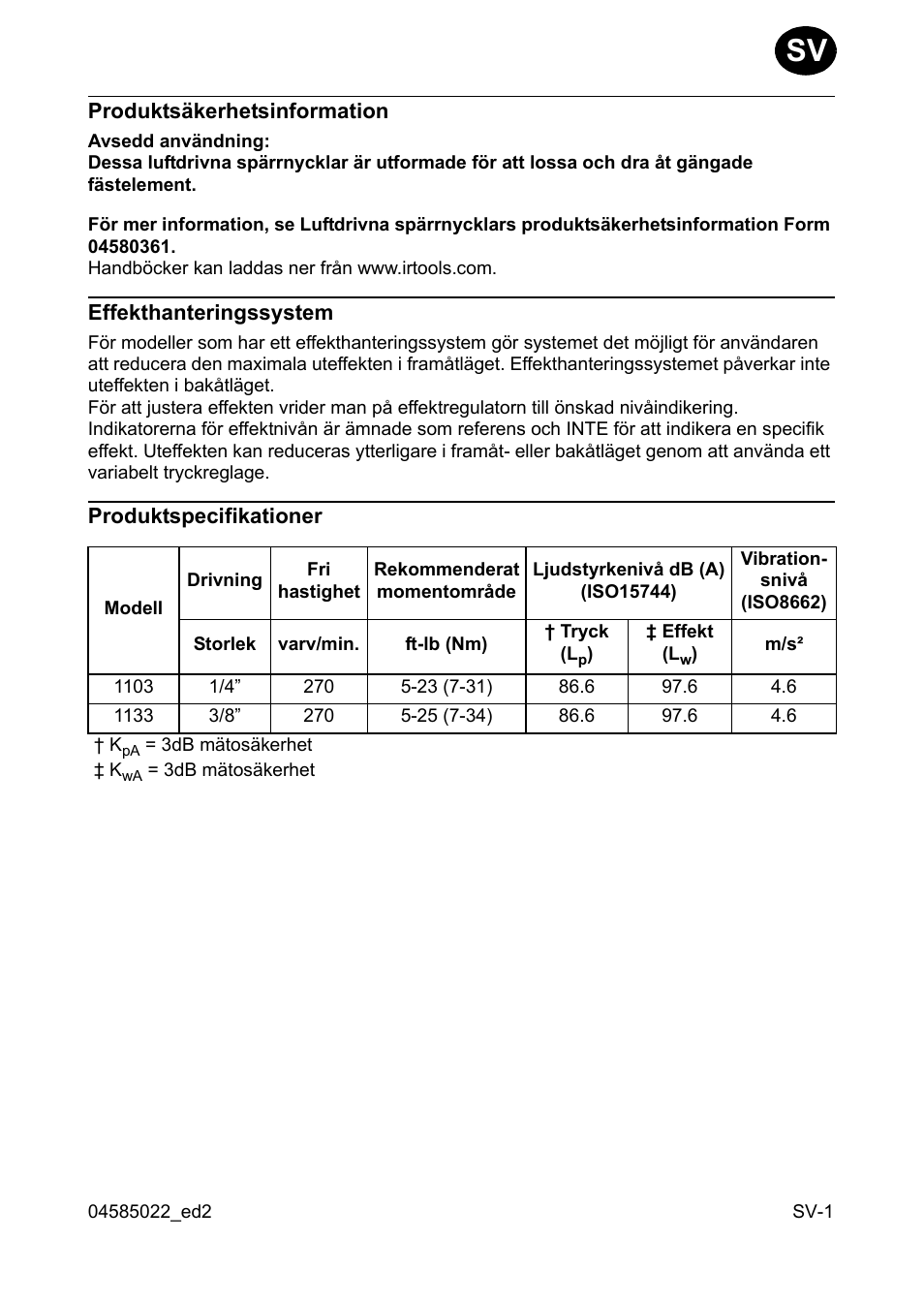 Produktsäkerhetsinformation, Effekthanteringssystem, Produktspecifikationer | Ingersoll-Rand 1103 User Manual | Page 17 / 52