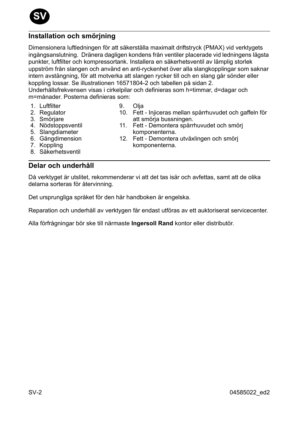 Installation och smörjning, Delar och underhåll | Ingersoll-Rand 1103 User Manual | Page 18 / 52