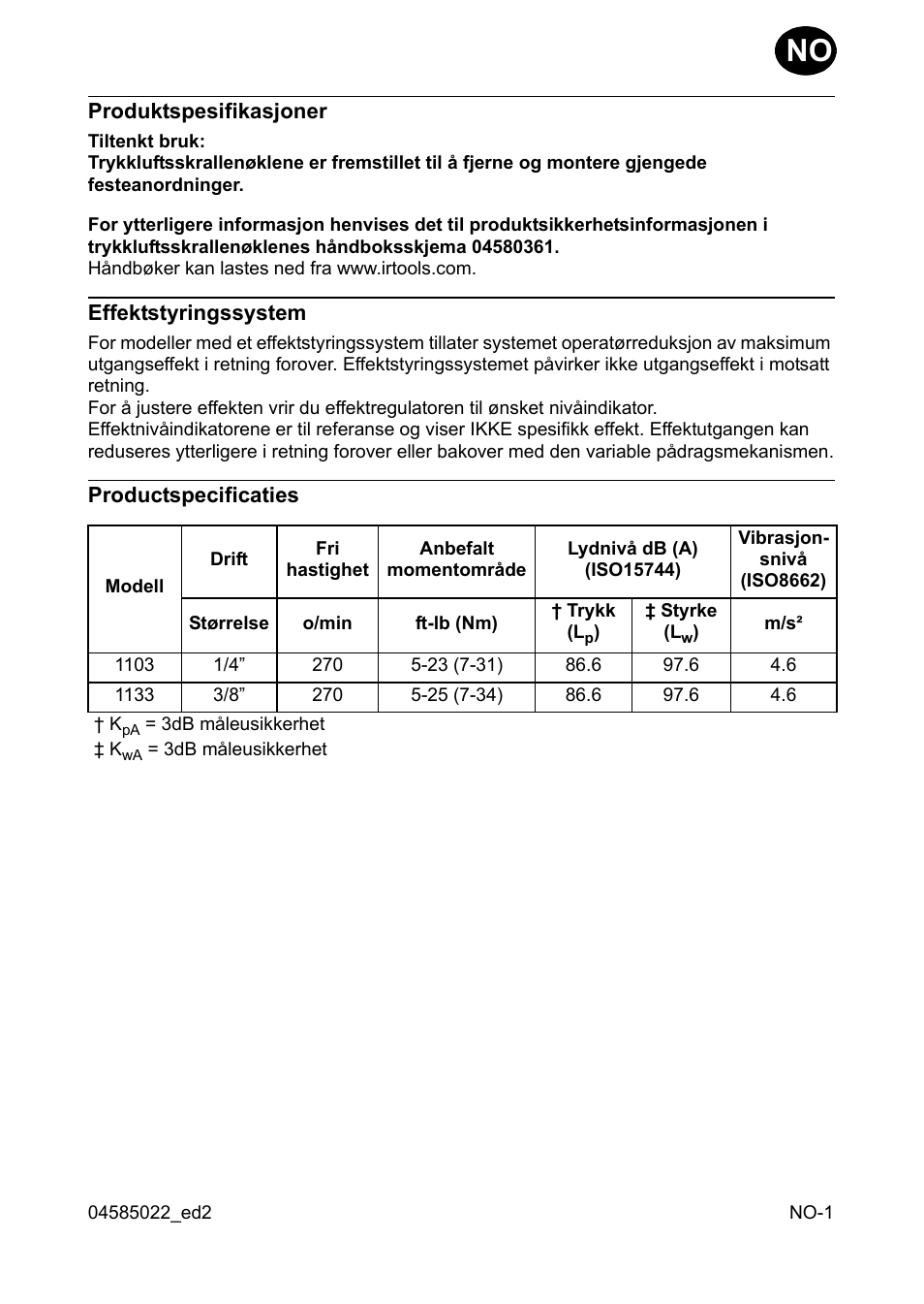 Produktspesifikasjoner, Effektstyringssystem, Productspecificaties | Ingersoll-Rand 1103 User Manual | Page 19 / 52