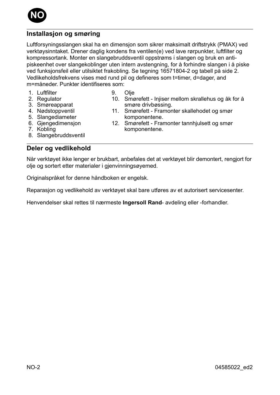 Installasjon og smøring, Deler og vedlikehold | Ingersoll-Rand 1103 User Manual | Page 20 / 52