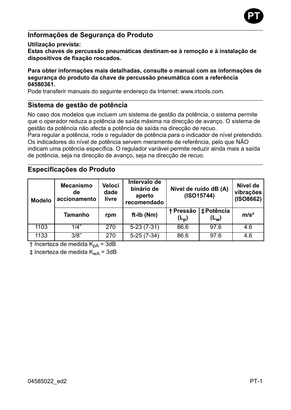 Informações de segurança do produto, Sistema de gestão de potência, Especificações do produto | Ingersoll-Rand 1103 User Manual | Page 23 / 52