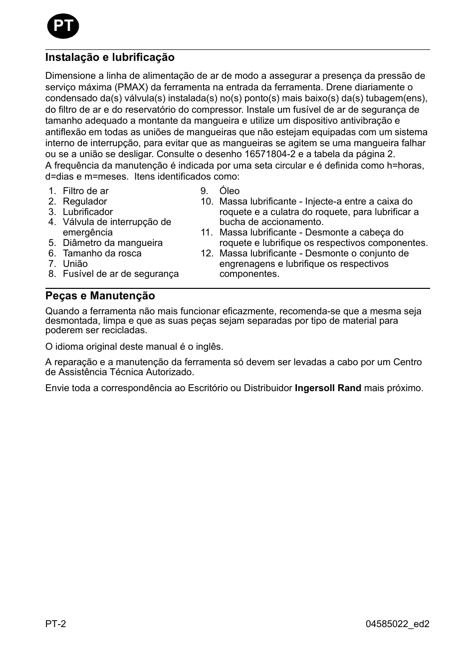 Instalação e lubrificação, Peças e manutenção | Ingersoll-Rand 1103 User Manual | Page 24 / 52