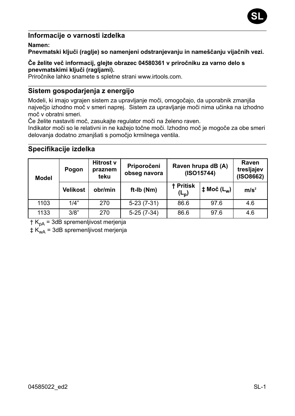Informacije o varnosti izdelka, Sistem gospodarjenja z energijo, Specifikacije izdelka | Ingersoll-Rand 1103 User Manual | Page 27 / 52