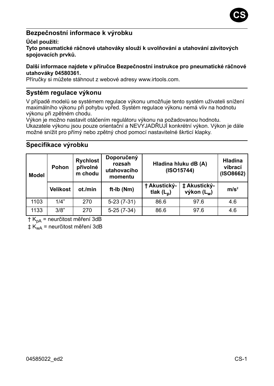 Bezpeènostní informace k værobku, Systém regulace vækonu, Specifikace værobku | Ingersoll-Rand 1103 User Manual | Page 31 / 52