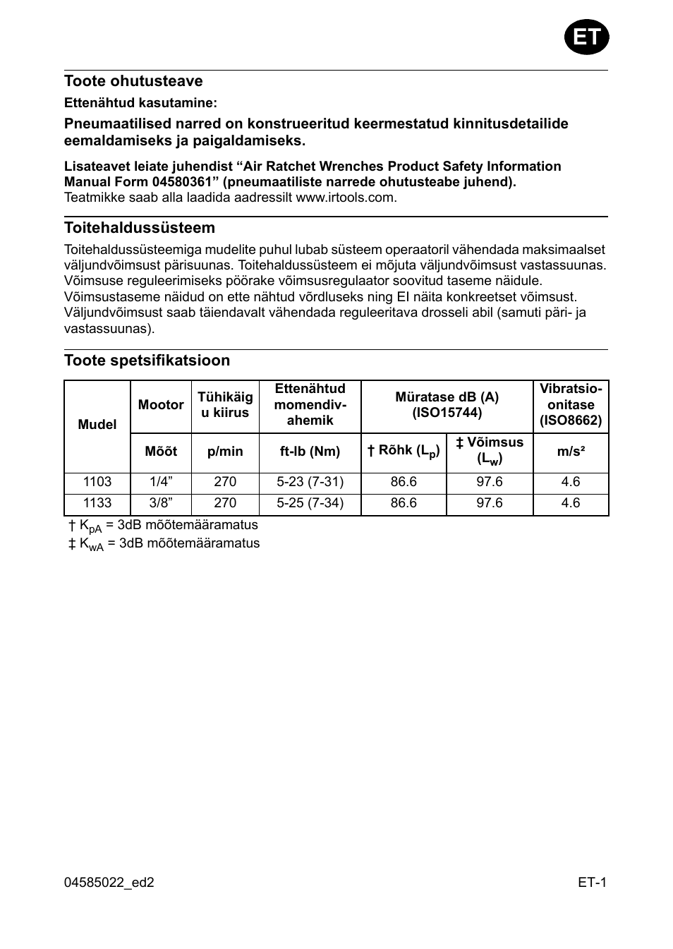 Toote ohutusteave, Toitehaldussüsteem, Toote spetsifikatsioon | Ingersoll-Rand 1103 User Manual | Page 33 / 52