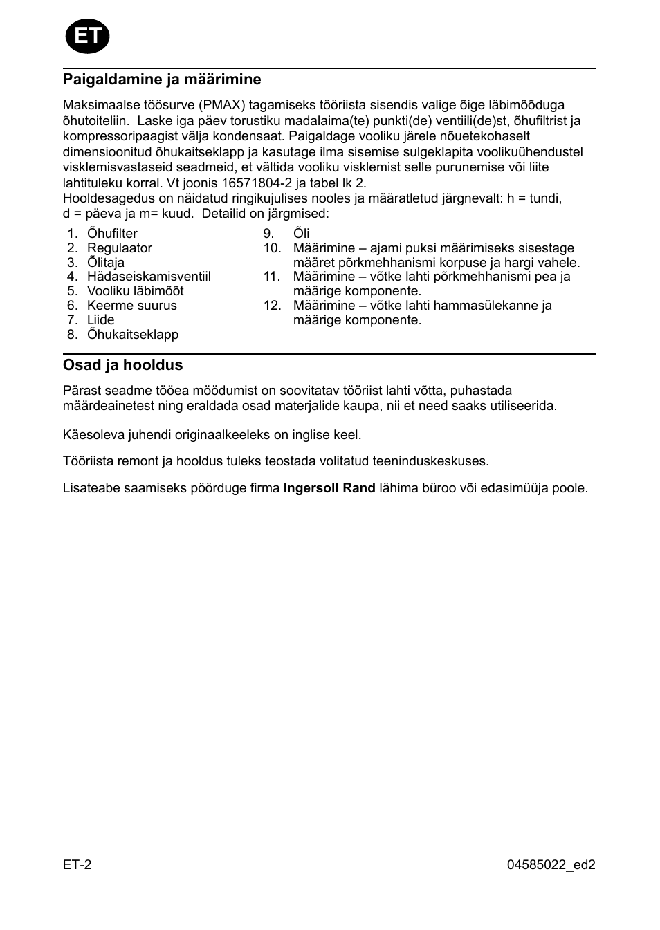 Paigaldamine ja määrimine, Osad ja hooldus | Ingersoll-Rand 1103 User Manual | Page 34 / 52