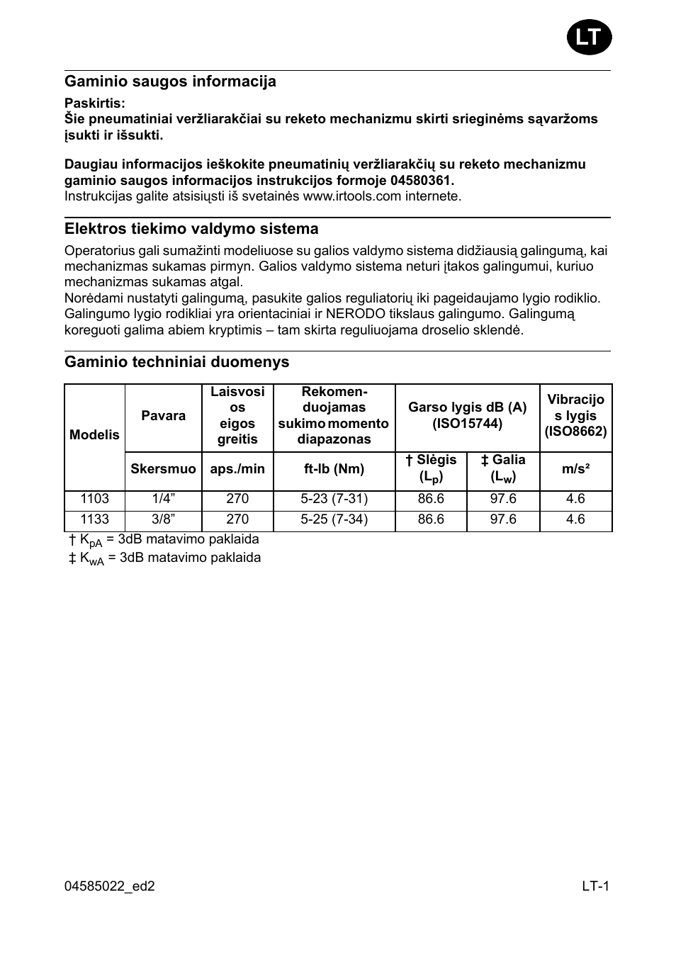 Gaminio saugos informacija, Elektros tiekimo valdymo sistema, Gaminio techniniai duomenys | Ingersoll-Rand 1103 User Manual | Page 37 / 52