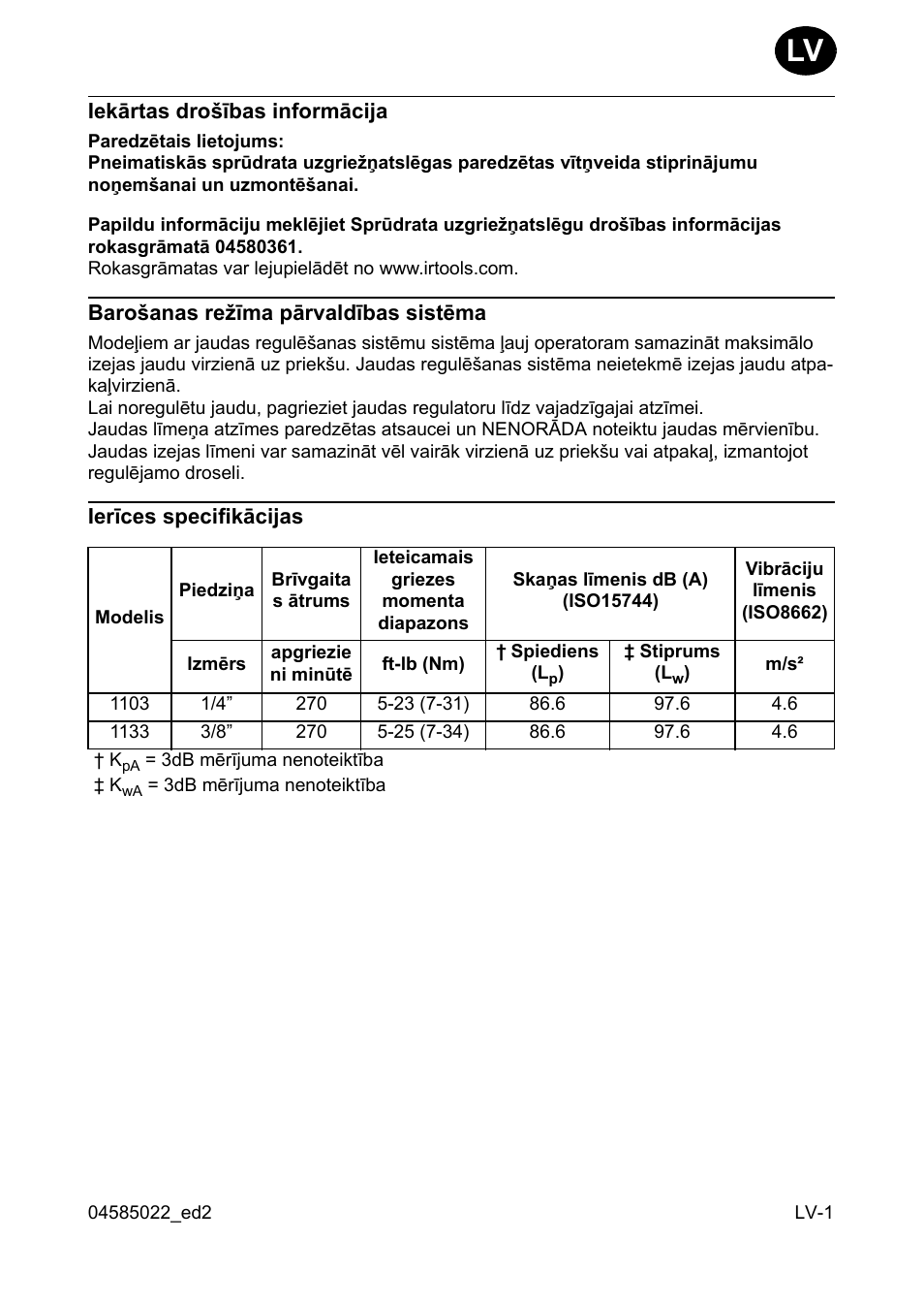 Iekârtas dro²îbas informâcija, Baro²anas re îma pârvaldîbas sistçma, Ierîces specifikâcijas | Ingersoll-Rand 1103 User Manual | Page 39 / 52