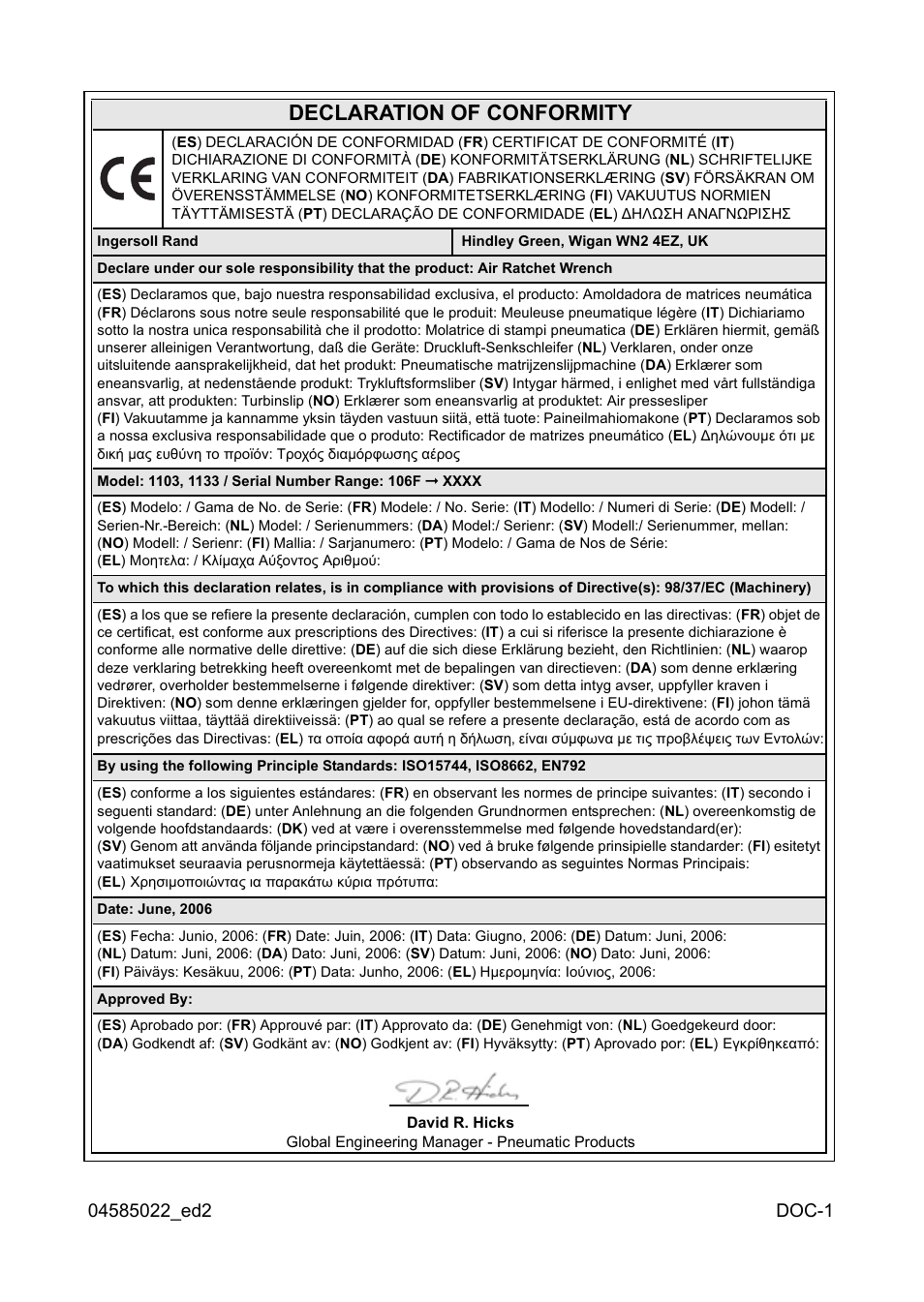 Declaration of conformity | Ingersoll-Rand 1103 User Manual | Page 47 / 52