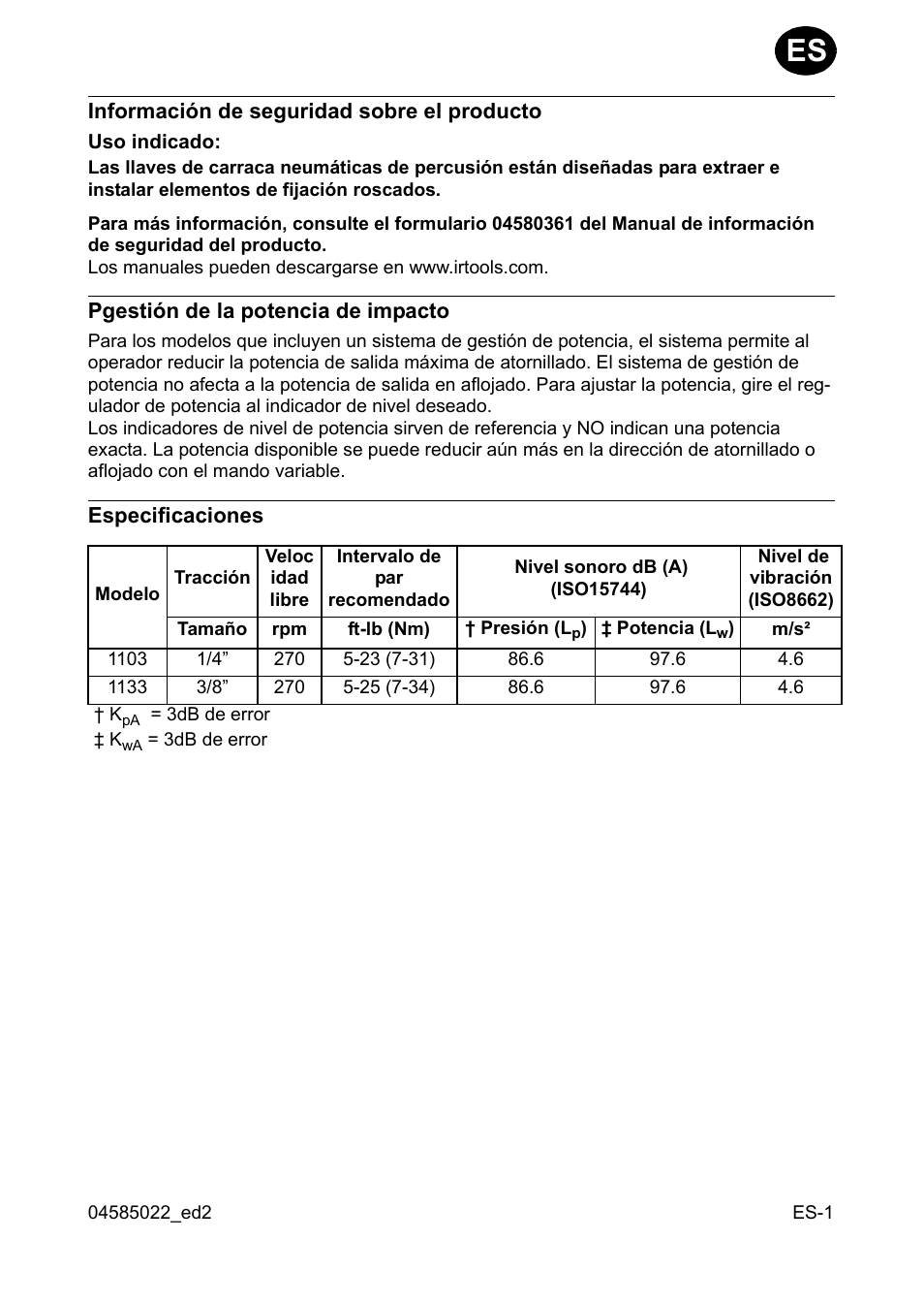 Información de seguridad sobre el producto, Uso indicado, Pgestión de la potencia de impacto | Especificaciones | Ingersoll-Rand 1103 User Manual | Page 5 / 52