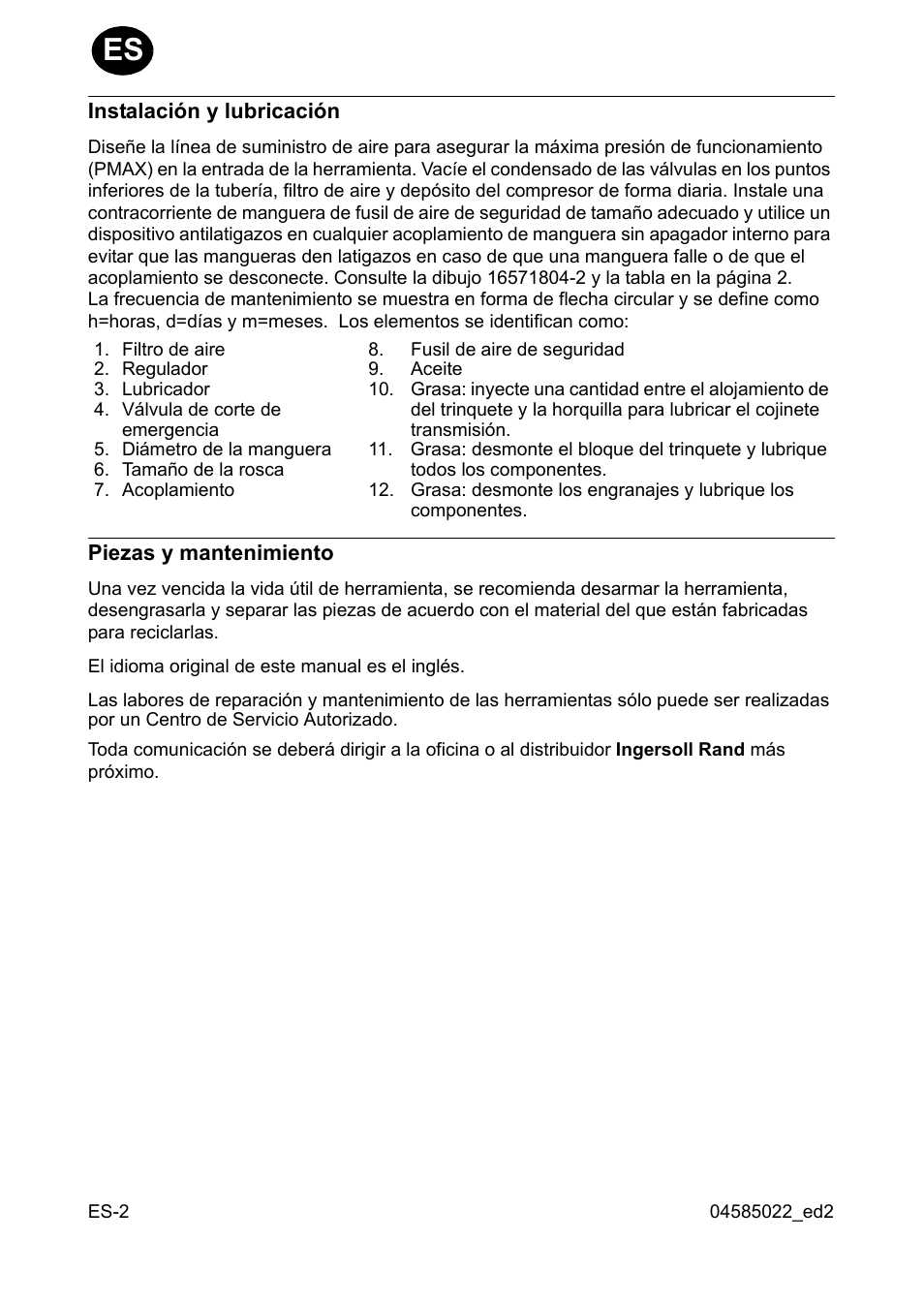 Instalación y lubricación, Piezas y mantenimiento | Ingersoll-Rand 1103 User Manual | Page 6 / 52