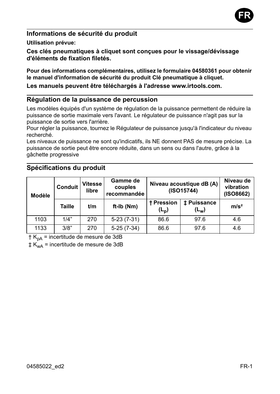 Informations de sécurité du produit, Régulation de la puissance de percussion, Spécifications du produit | Ingersoll-Rand 1103 User Manual | Page 7 / 52