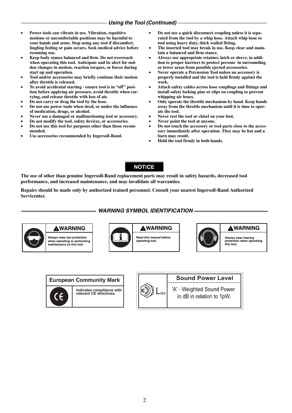 Sound power level | Ingersoll-Rand IR90VR User Manual | Page 2 / 24