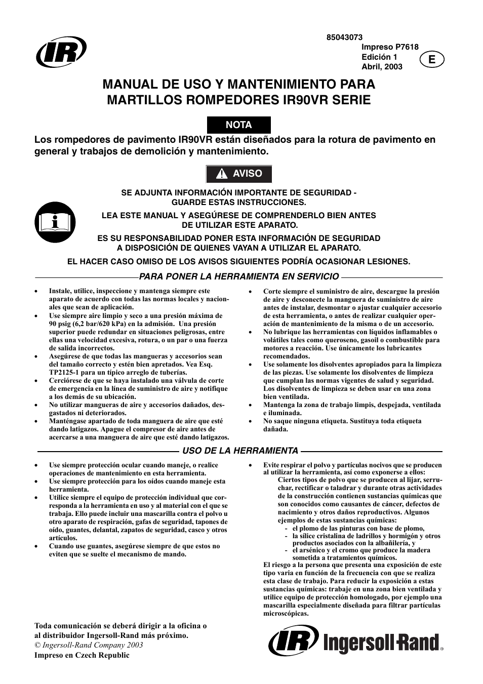 Nota aviso | Ingersoll-Rand IR90VR User Manual | Page 9 / 24