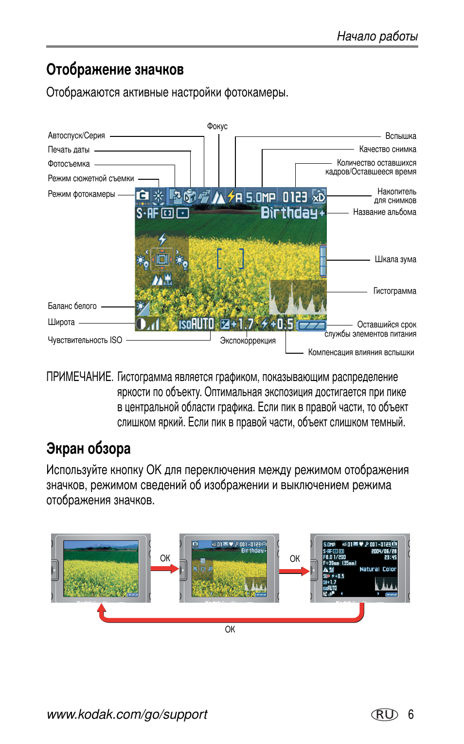 Отображение значков, Экран обзора | Kodak LS755 User Manual | Page 13 / 83