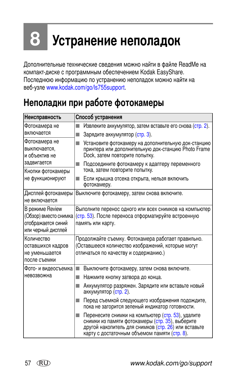 Устранение неполадок, Неполадки при работе фотокамеры | Kodak LS755 User Manual | Page 64 / 83