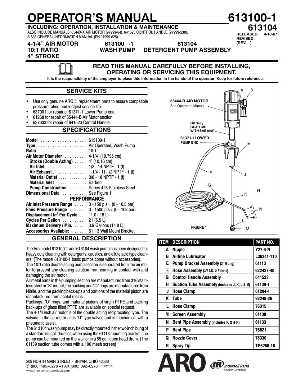 Ingersoll-Rand ARO 613100-1 User Manual | 6 pages