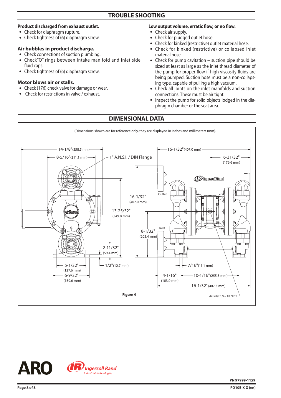 Trouble shooting, Dimensional data | Ingersoll-Rand PD10E-X-X User Manual | Page 8 / 8