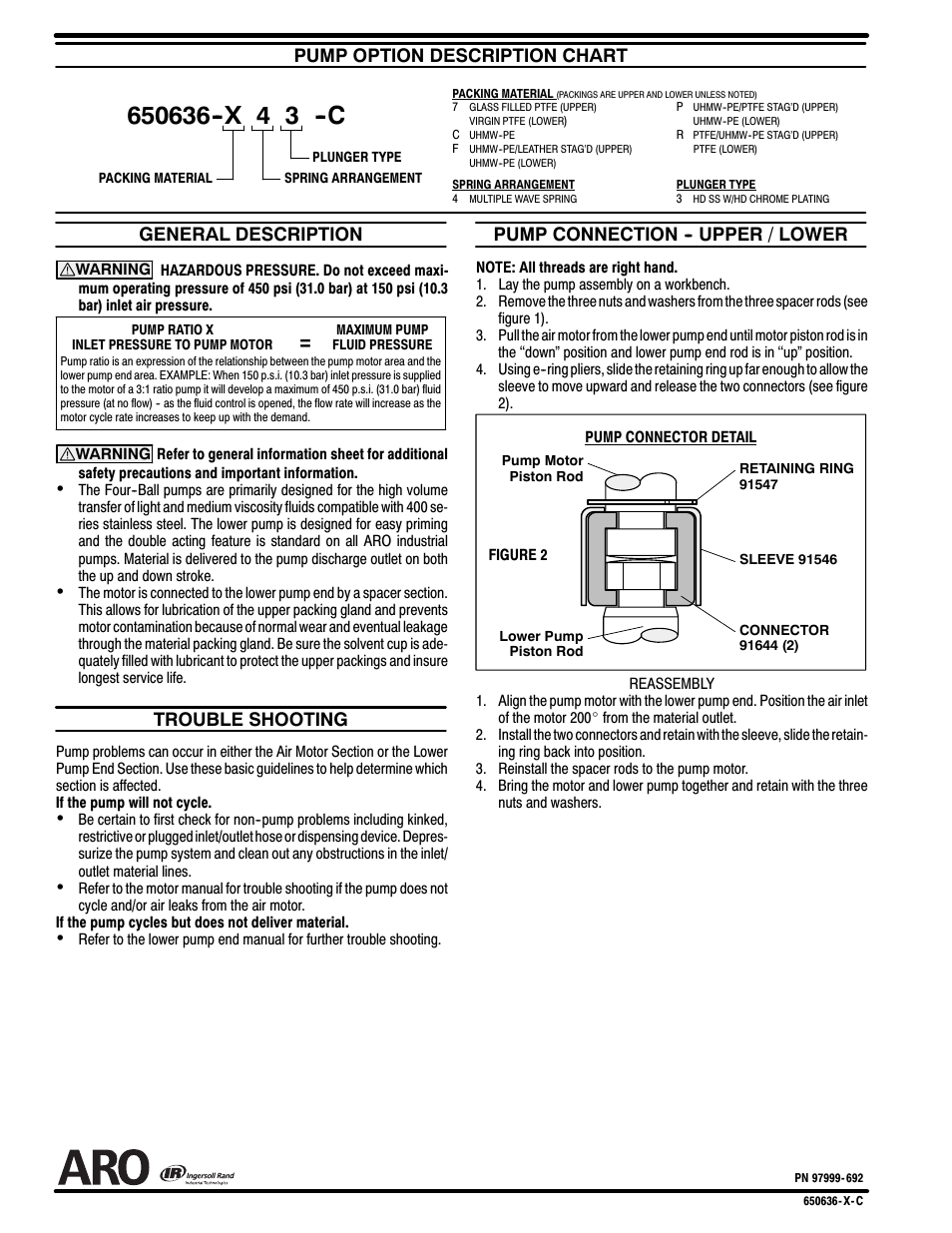 4 3 --c, Pump option description chart, General description | Trouble shooting, Pump connection -- upper / lower | Ingersoll-Rand ARO 650636-X-C User Manual | Page 2 / 2