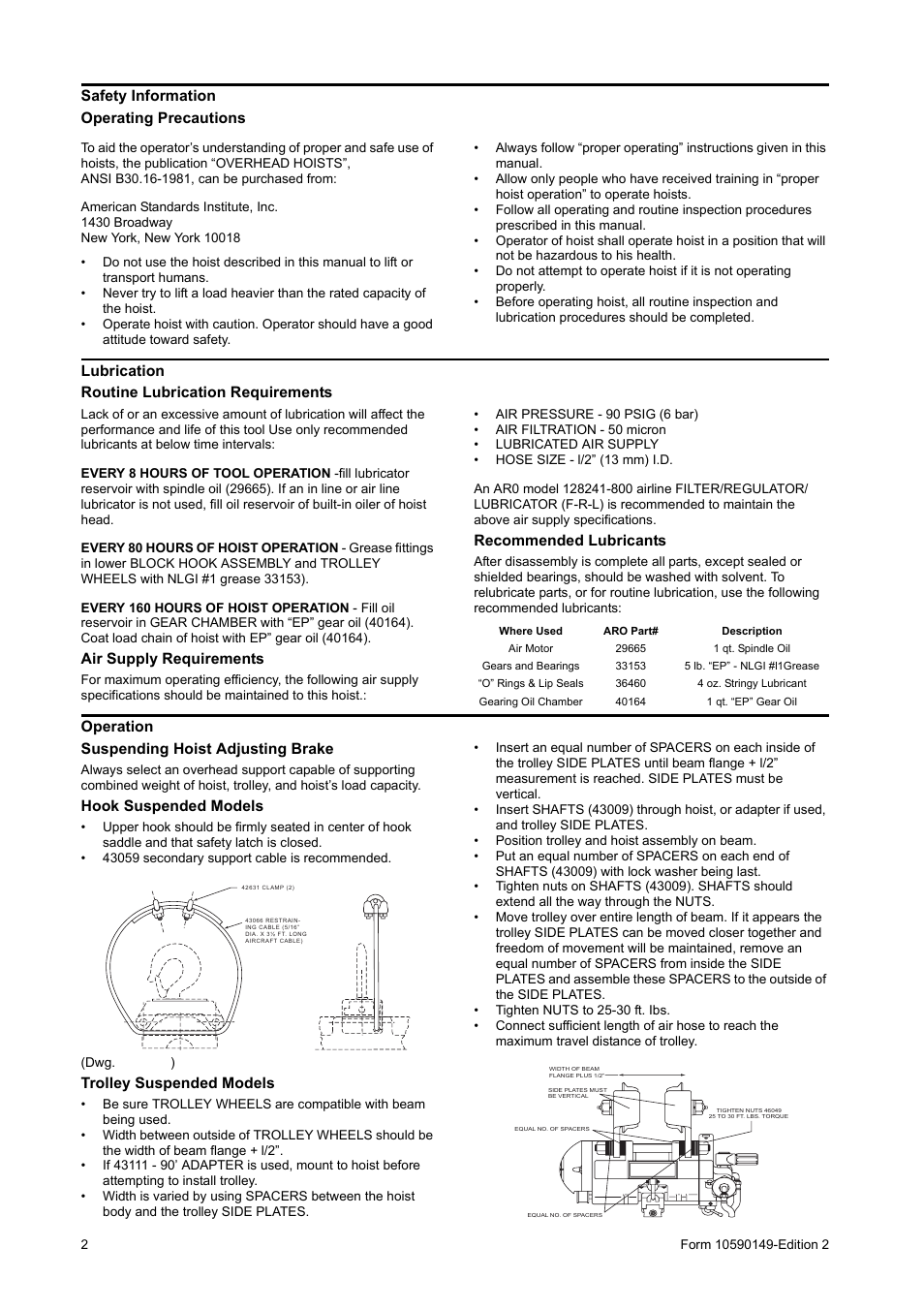 Safety information, Operating precautions, Lubrication | Routine lubrication requirements, Operation | Ingersoll-Rand 7792-A User Manual | Page 2 / 16