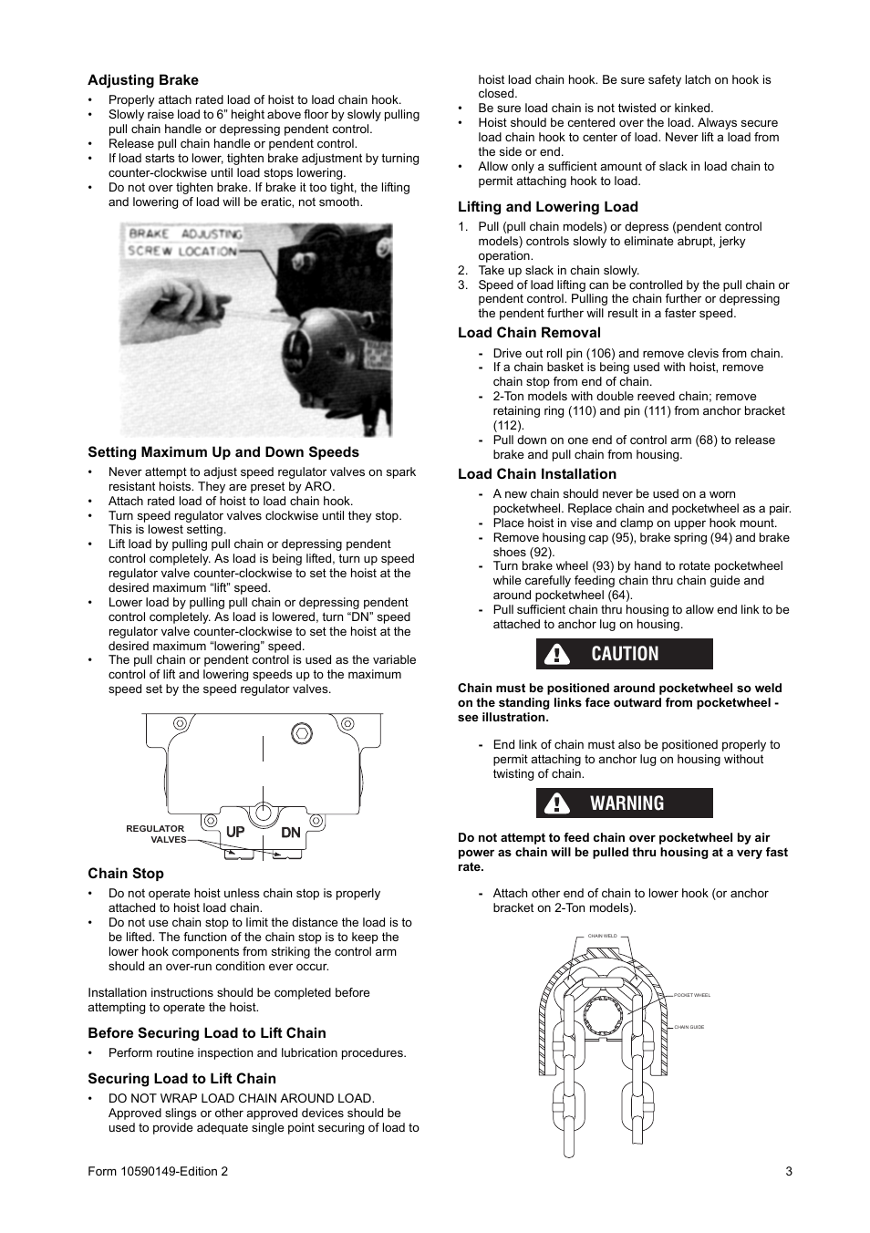 Before securing load to lift chain, Securing load to lift chain, Lifting and lowering load | Caution, Warning | Ingersoll-Rand 7792-A User Manual | Page 3 / 16