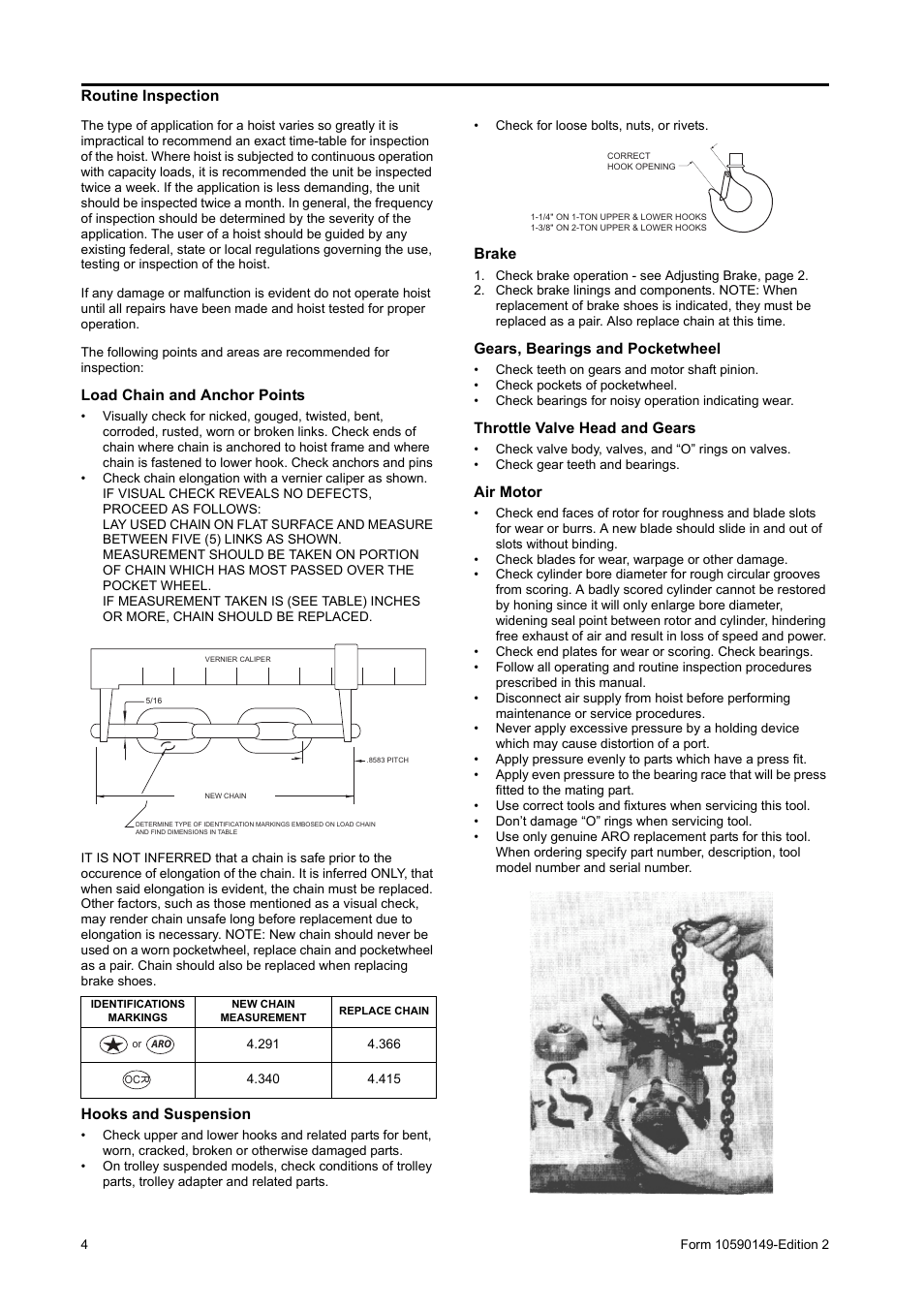 Routine inspection, Load chain and anchor points, Hooks and suspension | Brake, Gears, bearings and pocketwheel, Throttle valve head and gears, Air motor | Ingersoll-Rand 7792-A User Manual | Page 4 / 16