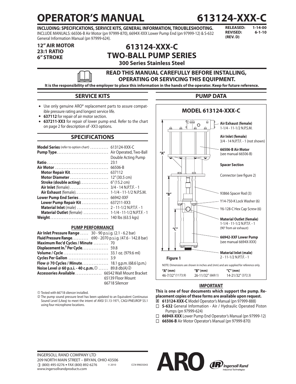 Ingersoll-Rand TWO-BALL PUMP SERIES 613124-XXX-C User Manual | 2 pages