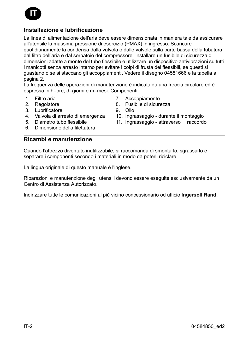 Installazione e lubrificazione, Ricambi e manutenzione | Ingersoll-Rand 295 User Manual | Page 10 / 52