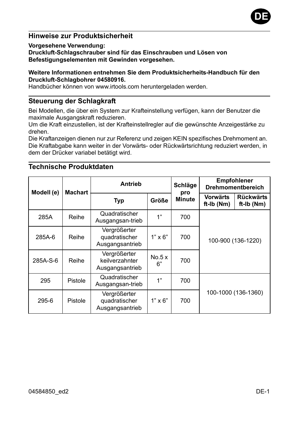 Hinweise zur produktsicherheit, Steuerung der schlagkraft, Technische produktdaten | Ingersoll-Rand 295 User Manual | Page 11 / 52