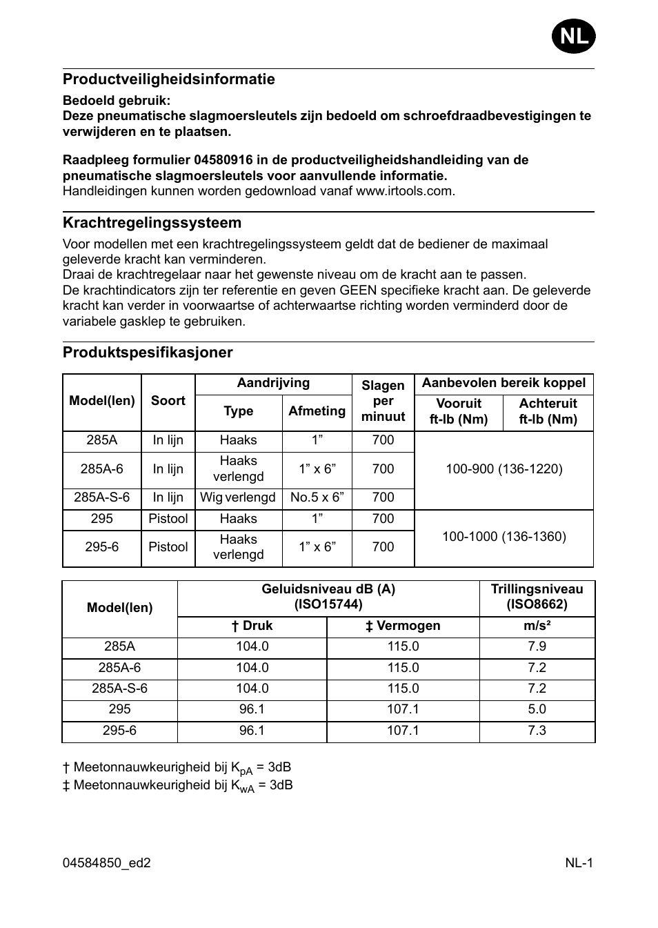 Productveiligheidsinformatie, Krachtregelingssysteem, Produktspesifikasjoner | Ingersoll-Rand 295 User Manual | Page 13 / 52