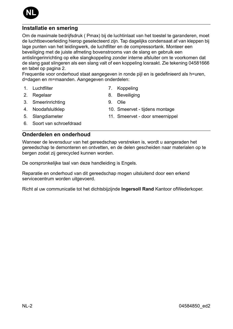 Installatie en smering, Onderdelen en onderhoud | Ingersoll-Rand 295 User Manual | Page 14 / 52
