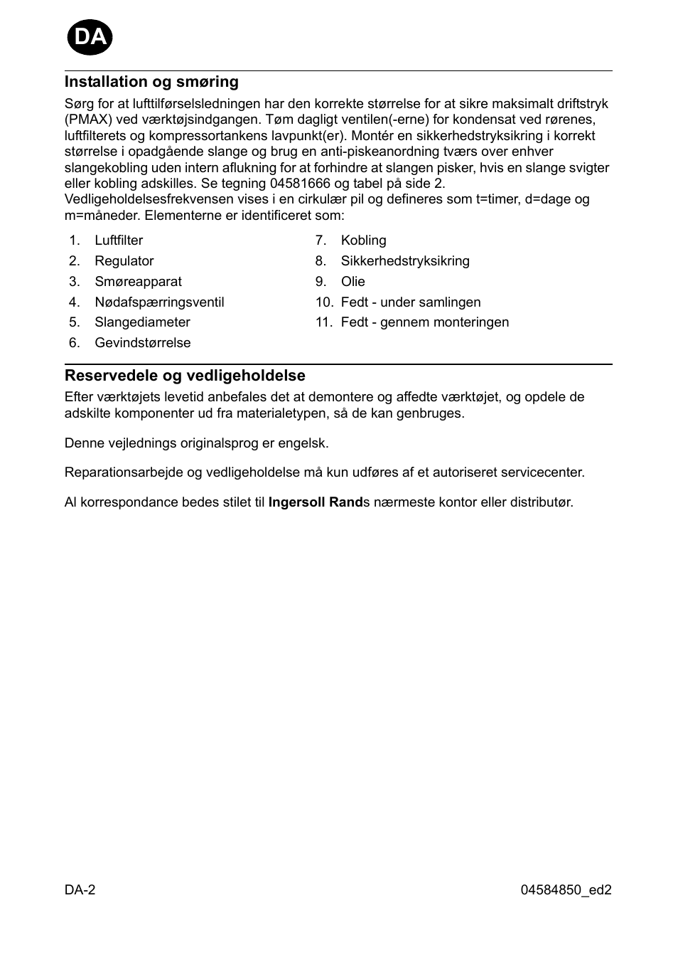 Installation og smøring, Reservedele og vedligeholdelse | Ingersoll-Rand 295 User Manual | Page 16 / 52