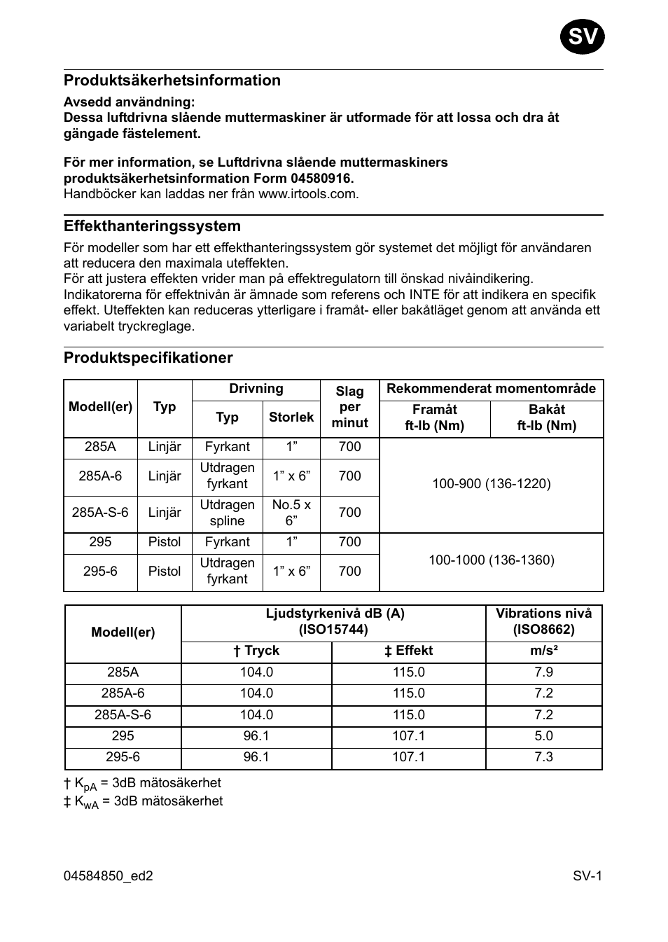 Produktsäkerhetsinformation, Effekthanteringssystem, Produktspecifikationer | Ingersoll-Rand 295 User Manual | Page 17 / 52