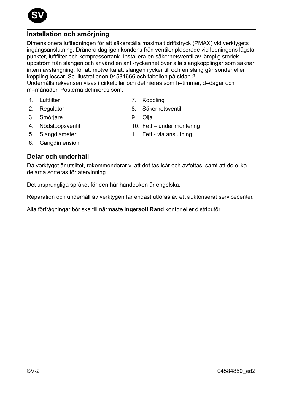 Installation och smörjning, Delar och underhåll | Ingersoll-Rand 295 User Manual | Page 18 / 52