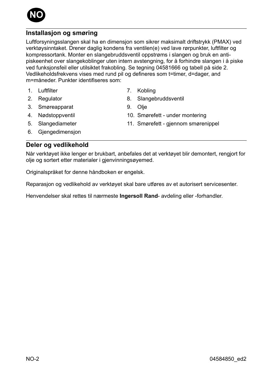 Installasjon og smøring, Deler og vedlikehold | Ingersoll-Rand 295 User Manual | Page 20 / 52