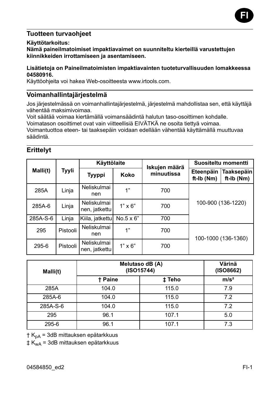 Tuotteen turvaohjeet, Voimanhallintajärjestelmä, Erittelyt | Ingersoll-Rand 295 User Manual | Page 21 / 52