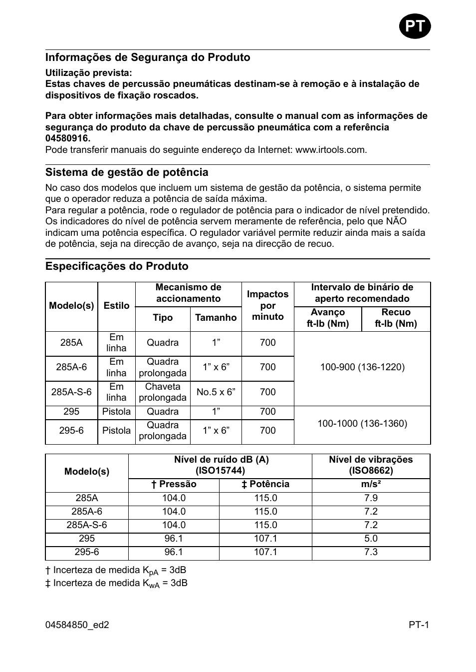 Informações de segurança do produto, Sistema de gestão de potência, Especificações do produto | Ingersoll-Rand 295 User Manual | Page 23 / 52